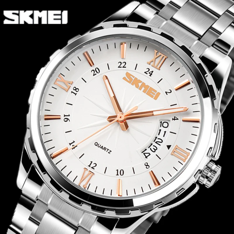 

SKMEI Men Fashion Casual Quartz Watch Complete Calendar Stainless Steel Watches 30m Waterproof Men watches Relogio Masculino