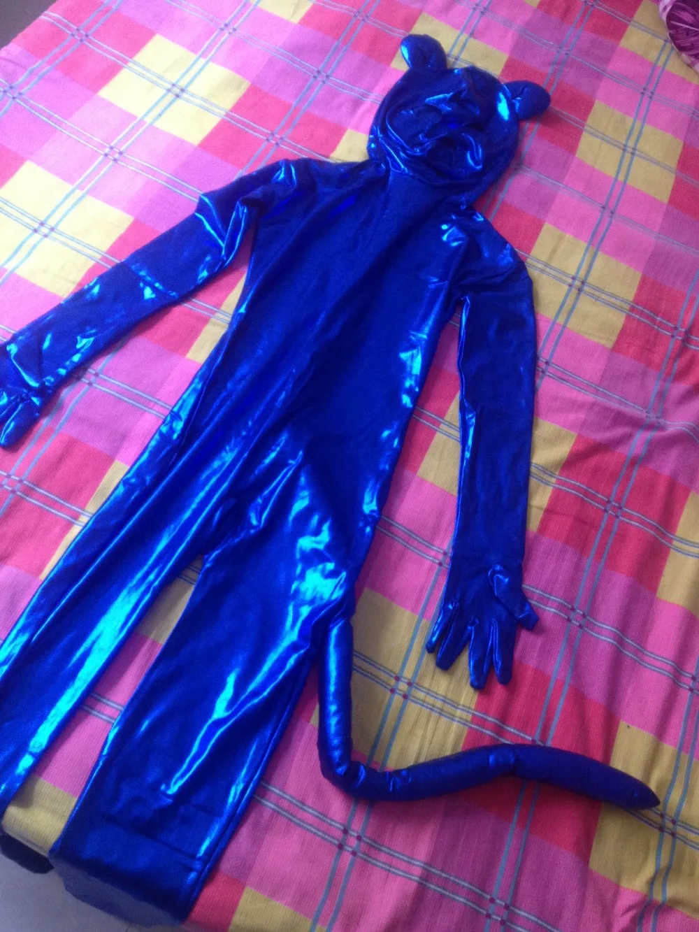 Забавный унисекс нарядное платье Синий блестящий металлик Кошка Животное zentai костюм с хвостом для Хэллоуина вечерние с открытыми глазами рот