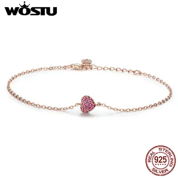 

WOSTU 925 Sterling Silver Rose Gold Romantic Heart Chain Link Bracelet For Women Lobster Clasp Bracelet Jewelry Gift FIB050