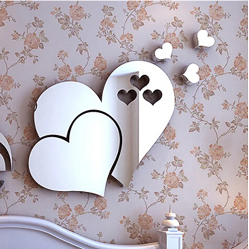 New 3D Love Heart Mirror Wall Stickers Self adhesive Mirror Stickers