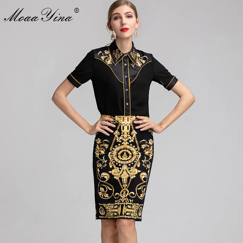 

MoaaYina Fashion Designer Set Women Short sleeve Beading Floral Black Shirt Tops+Vintage Package buttocks Skirt Two-piece suit