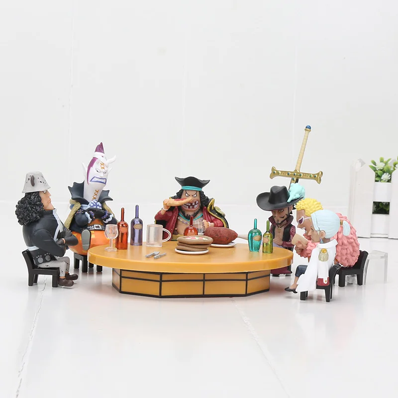 

7pcs/set Anime One Piece Sir Crocodile pvc Action Figure Doflamingo Mihawk Teach with Table Collection Model Toys