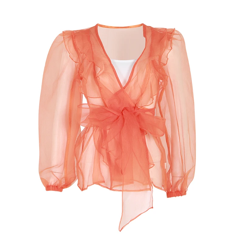 TWOTWINSTYLE повседневное одноцветное для женщин блузка V образным вырезом рукав-фонарик с оборками Тонкий перспектива рубашка Женская мода новые летние