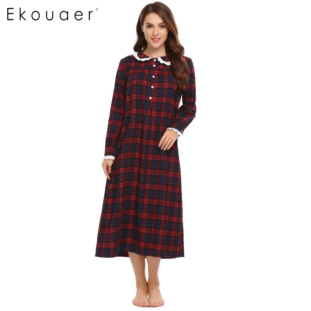 

Ekouaer 2018 Vintage Plaid Nightgown Women Long Sleeve Casual Button Loose Sleepwear Night Dress Autumn Palace Style Nightwear