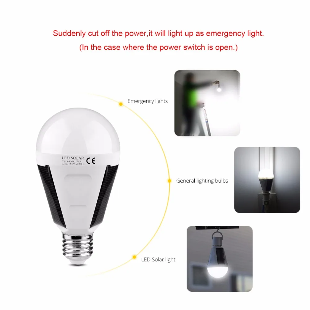LED Solar Light Bulb 7W E27 Tent Camping Fishing Solar Lamp Rechargeable TB