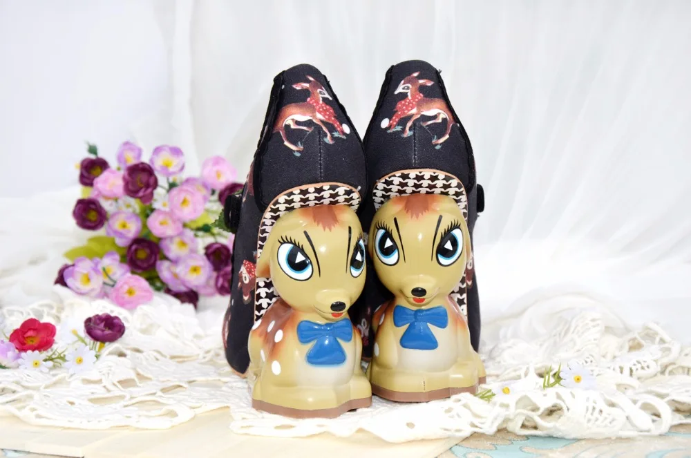 Cute buckle strap deer printing leather shoes irregular little deer heel shoes double cherries high heel shoes