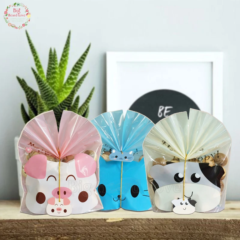 

50pcs Cute Cartoon Blue Cat Pink Pig Beige Cow Translucent Candy Cookie Bags Baby Shower Candy Bag Birthday Party Decoration