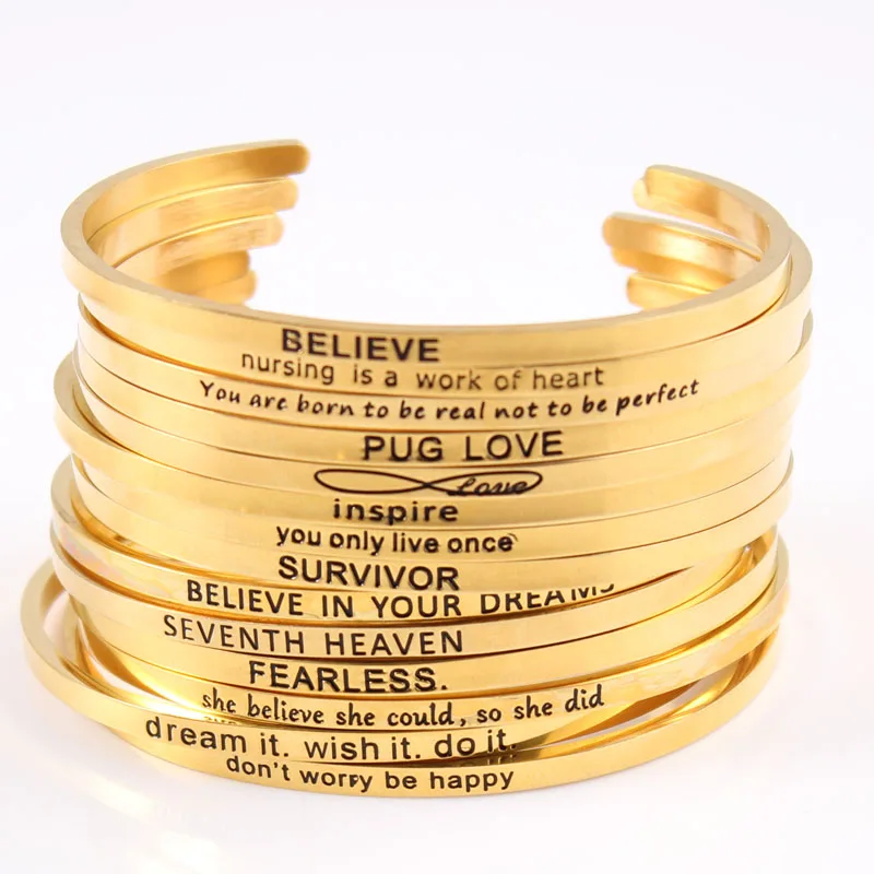 

Wholesale 316L Stainless Steel Engraved Positive Inspirational Quote Cuff bracelet Women's Jewelry Gold Mantra Bangle