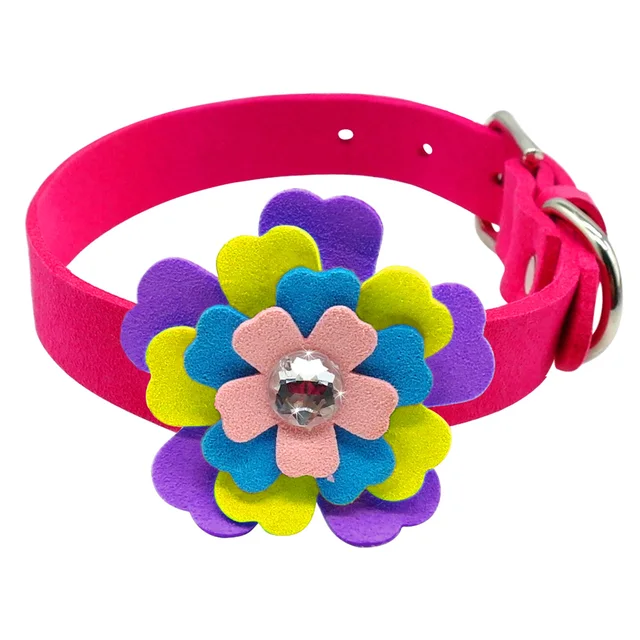 Flower Dog Collar Suede Leather Floral Crystal Puppy Kitten Collars
