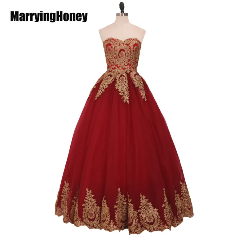 

Strapless Tulle Ball Gown Prom Dresses Long Gold Lace Appliques Quinceanera Gown vestido de noiva festa robe de soiree trouwjurk
