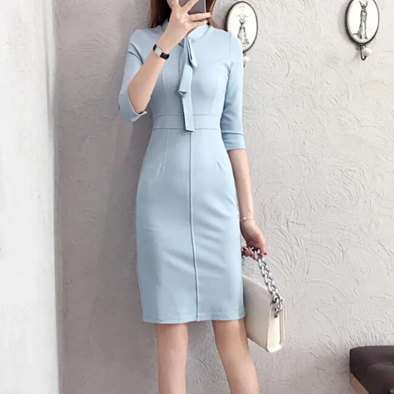 

Luxury Vintage Solid Color Wear to Work Knot Vestidos Business Party Women Elegant Office Lady Female Slim Bodycon Pencil Dress