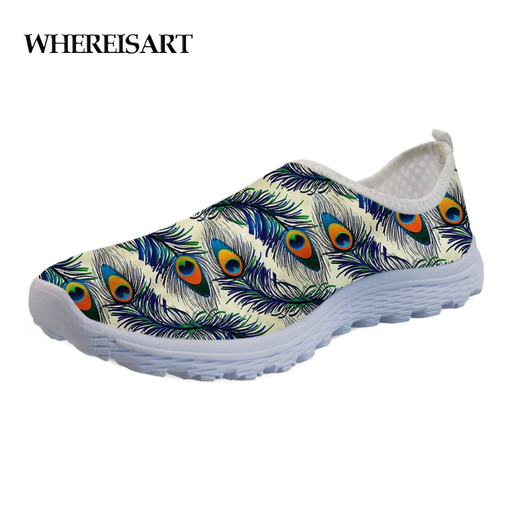 

WHEREISART Ladies Shoes Flats 2019 Spring Summer Ornamental Peacock Bird Prints Female Casual Mesh Sneakers Lightweight Loafers