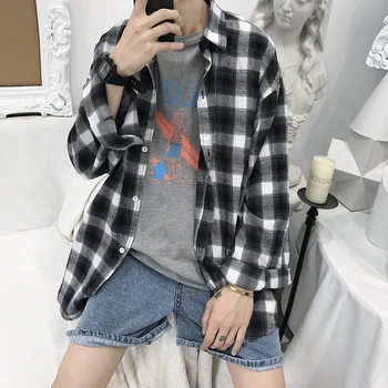 

2019 Men's Hawaiian Shirt Lattice Printing Leisure Long Sleeves Shirt Male Loose French Cuff Mens Fashion Trend Shirts M-XL