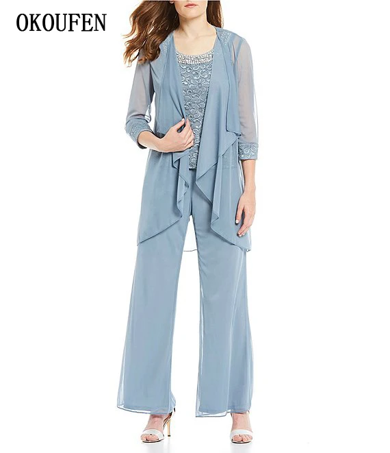 

Mother of the Bride Dresses Pantsuit for Wedding 2019 kurti vestido de madrinha farsali 3-Piece Glitter Lace Flyaway Pant Set