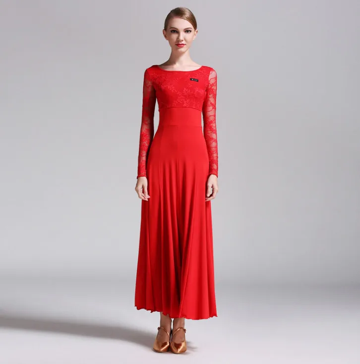Стандартные платья для бальных танцев, высокое качество, кружевные рукава, юбка для фламенко, Женская дешевая сценическая вальс, бальное платье - Цвет: Красный