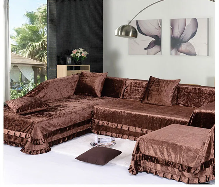 2014 Sectional Slipcovers High grade Gold Velvet Sofa Towel slip Quilted Leather Cushion