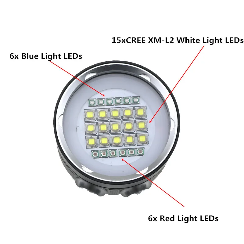 25000LM Подводный Видео Дайвинг Flashligt 15x Cree L2 белый свет + 6x синий/UV красный 18650 батарея