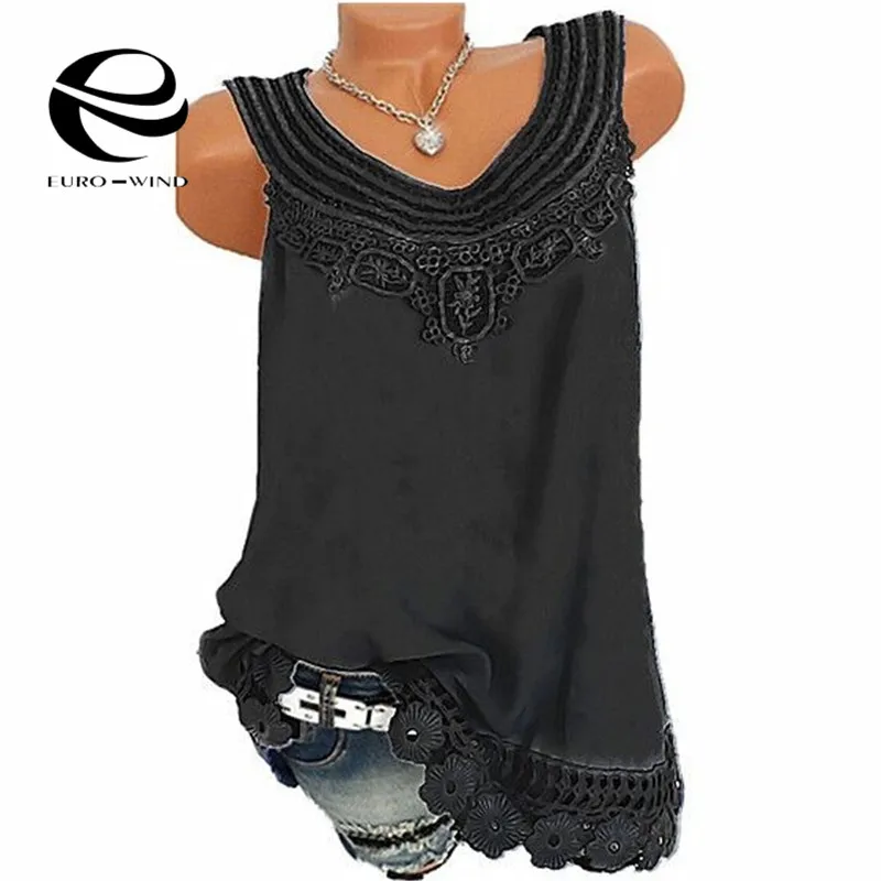 زائد حجم 5XL النساء قمم و بلوزة 2019 الصيف أعلى بلا أكمام س الرقبة الصلبة الدانتيل البلوزات الإناث عارضة فضفاض قمصان بوهو blusas