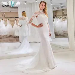 Dressv Высокая шея торжественное платье Русалка с длинными рукавами с кружевной аппликацией Труба Длина до пола Свадебный Открытый и церкви