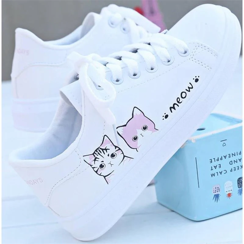 White Shoes Carton Cat Women Flats 