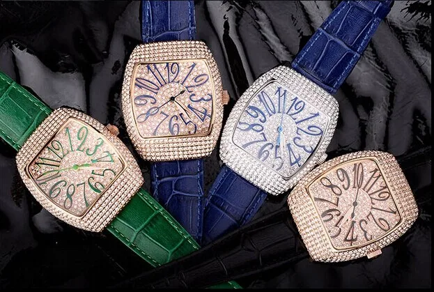 

Vintage Tonneau Women Full Crystals Dress Watches Big Size Vogue Girls Leather Casual Wrist watch Quartz Relogio Montre femme