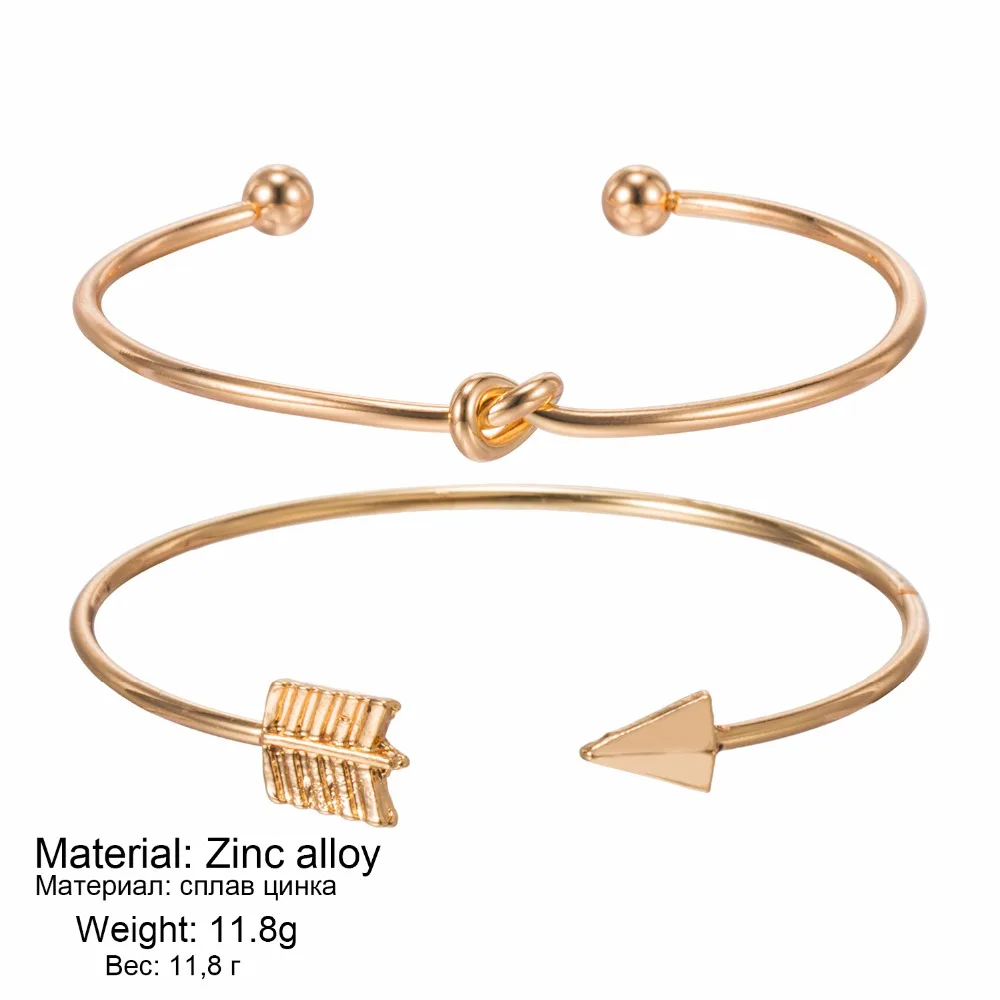 2 шт./набор, винтажный браслет с закрученными манжетами, Открытый браслет, браслеты для женщин, простой золотистый браслет с Завязанными стрелками, ювелирное изделие, женский подарок