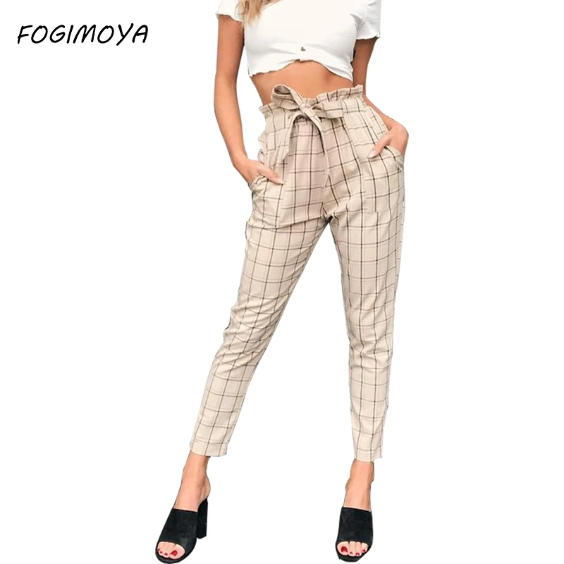 FOGIMOYA 2018 штаны в клетку Для женщин новый Высокая Талия Бумага сумка Штаны ремень