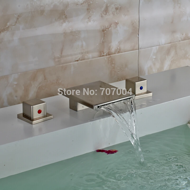 Designer 3PCs Widespread Waterfall Basin Faucets Deck Mounted Two Handles Bathroom Vessel Sink Taps