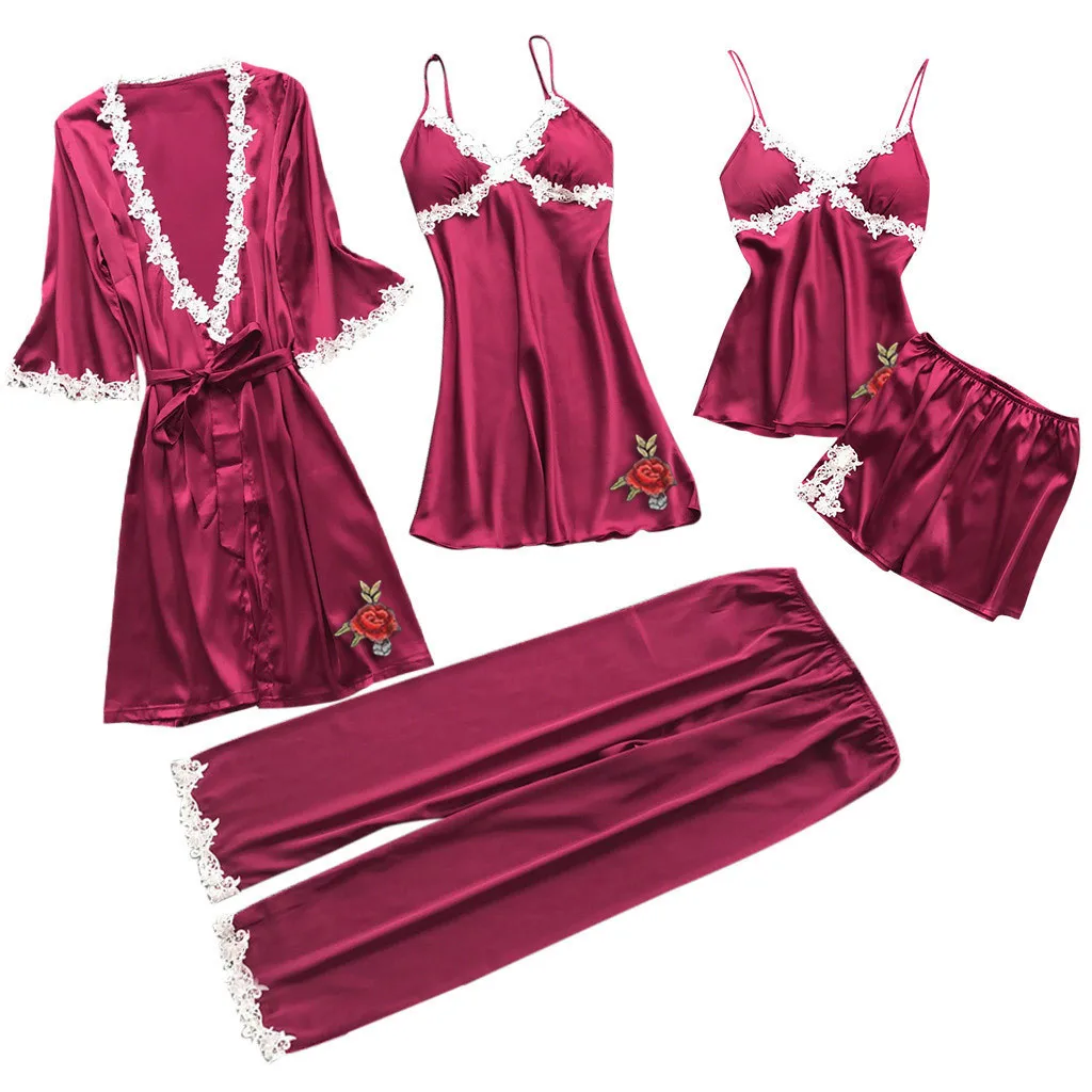 Женская ночная одежда, ночное платье, часть ночного белья, Эротическое нижнее белье, шелковая атласная ночная рубашка с v-образным вырезом, Ночная одежда, женская одежда для сна, платье, костюм - Цвет: Light rose red
