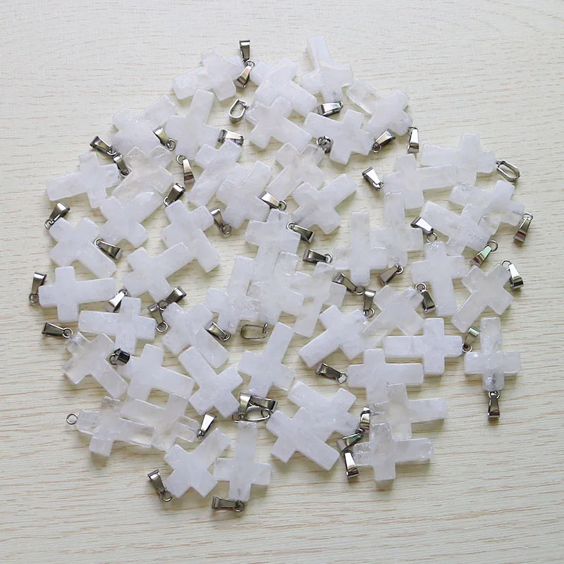 

30pcs/lot Charms natural white quartz stone cross beads pendants for DIY jewelry making women gift wholesale free shipping