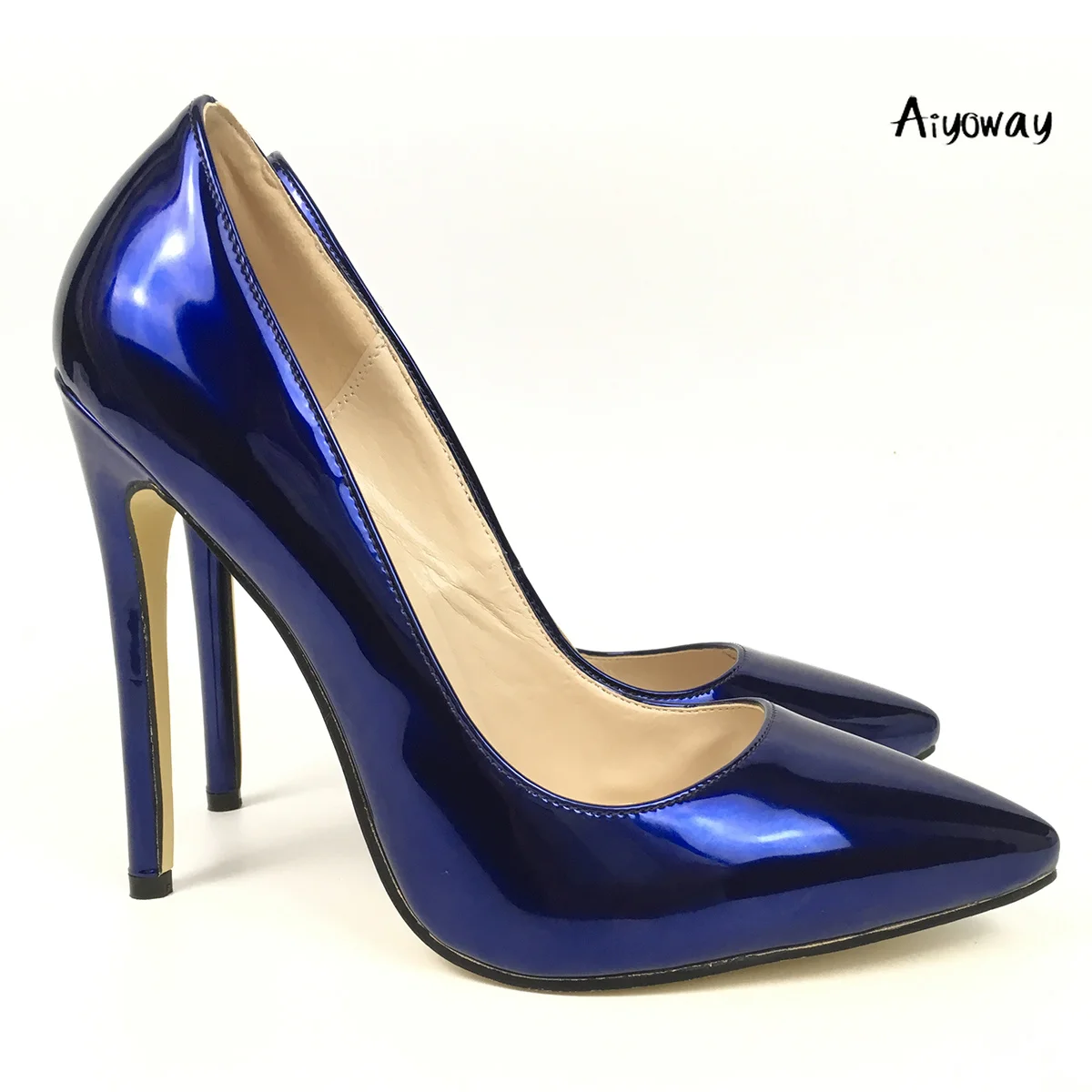 

Women Shoes Pointed Toe High Heels Patent Leather Pumps 12cm 10cm Aiyoway comfort Spring Fashion Party Dress Shoes Blue Slip On