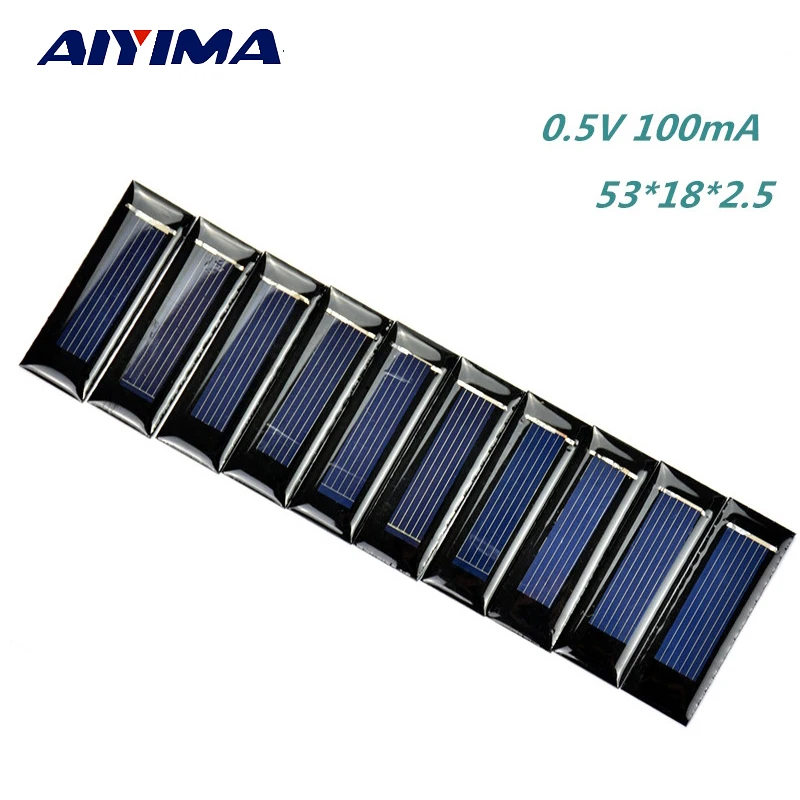 

10Pcs Mini Solar Panel DIY Solar Cells Accessories Photovoltaic Module PV Module 0.5V 100mA 53*18*2.5mm