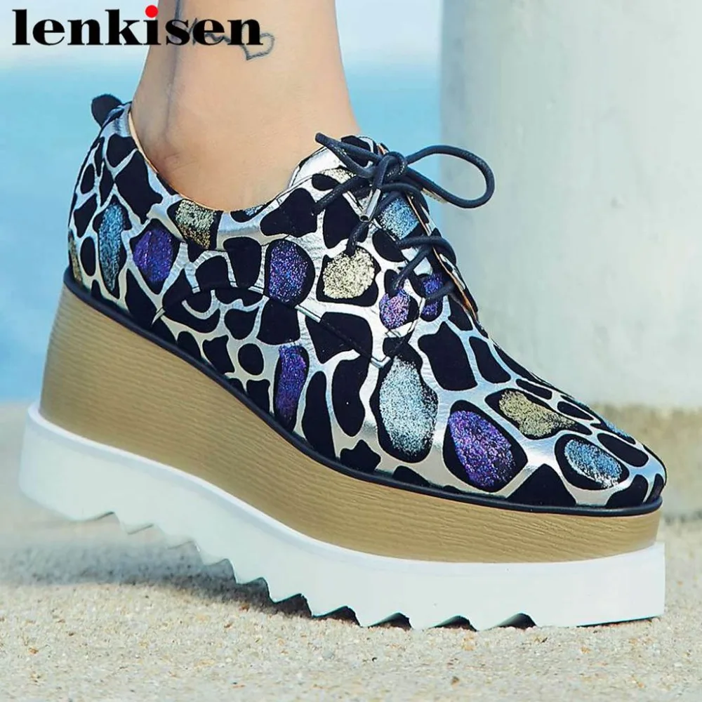 

2019 mixed colors genuine leather punk European style square toe wedges high heels platform lace up party daily wear shoes L18