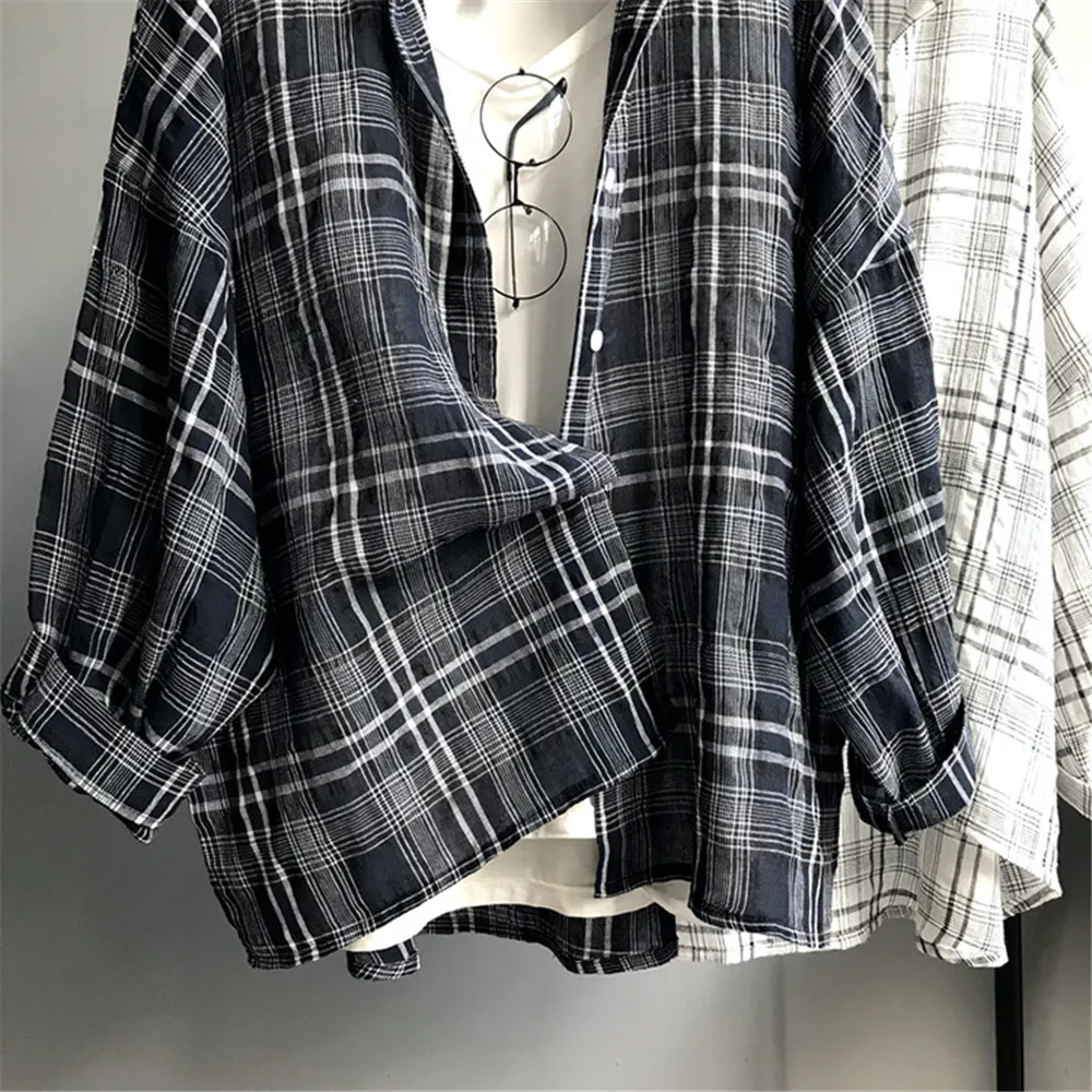  Wide Shoulder Plaid Women Blouses 2018 Autumn Linen Big Chest Plaid Shirts Loose Women Top Blusas Lantern Sleeve Clothing (10)