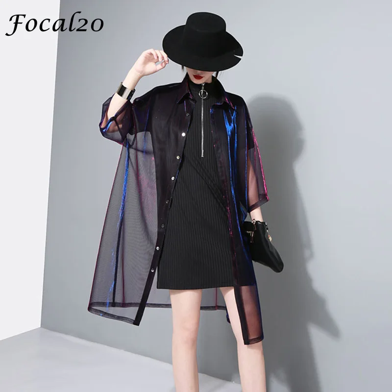 

Focal20 Streetwear Mesh Gradient Laser Women Sunproof Blouse Shirt Summer Oversize Sun Protection See Through Blouse