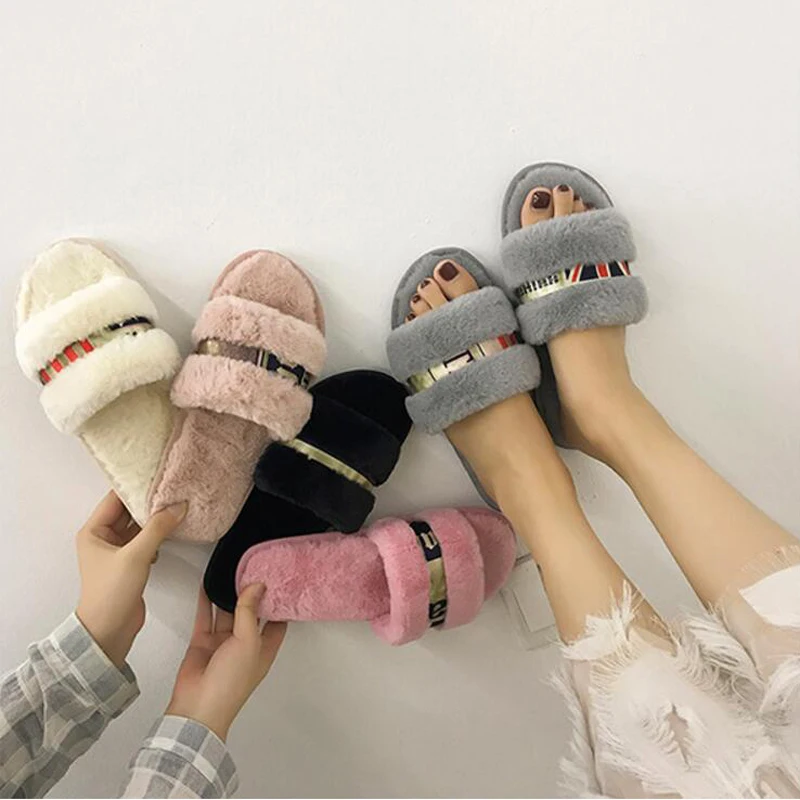 

2018 Winter Fur Slippers Woman Indoor Riband Flipflops Flat Slides Anti-Skid Shoes Warm Winter Cozy Furry Slipper Pink/White