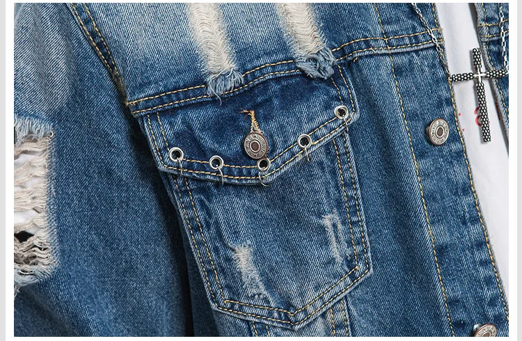 Classdim Для мужчин отверстия джинсовая куртка Пальто для будущих мам светло-голубой Джинсовое пальто новая мода Для мужчин хлопок Джинсовые