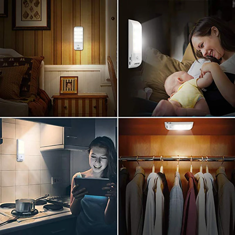 Светодиодный ночник с датчиком движения, USB аккумуляторная Ночная лампа, лампа для шкафа с 3 режимами Авто/ВКЛ/ВЫКЛ для детской комнаты