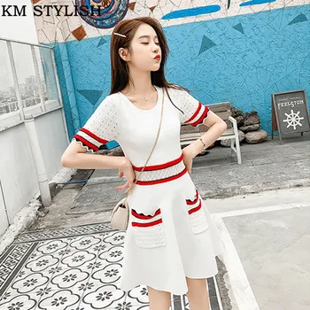 

2019 Spring/Summer New Women's Contrast White Color Hollow Out Pockets Short Sleeve Soft Knit Slim One-piece Dress S,M,L