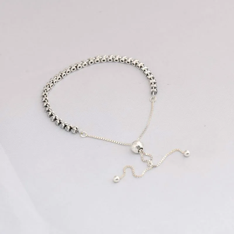 

NEW 925 Sterling Silver Bracelet Tennis Sparkling Strand Adjust Bracelet Bangle For Women fit Lady Bead Charm DIY Jewelry gift