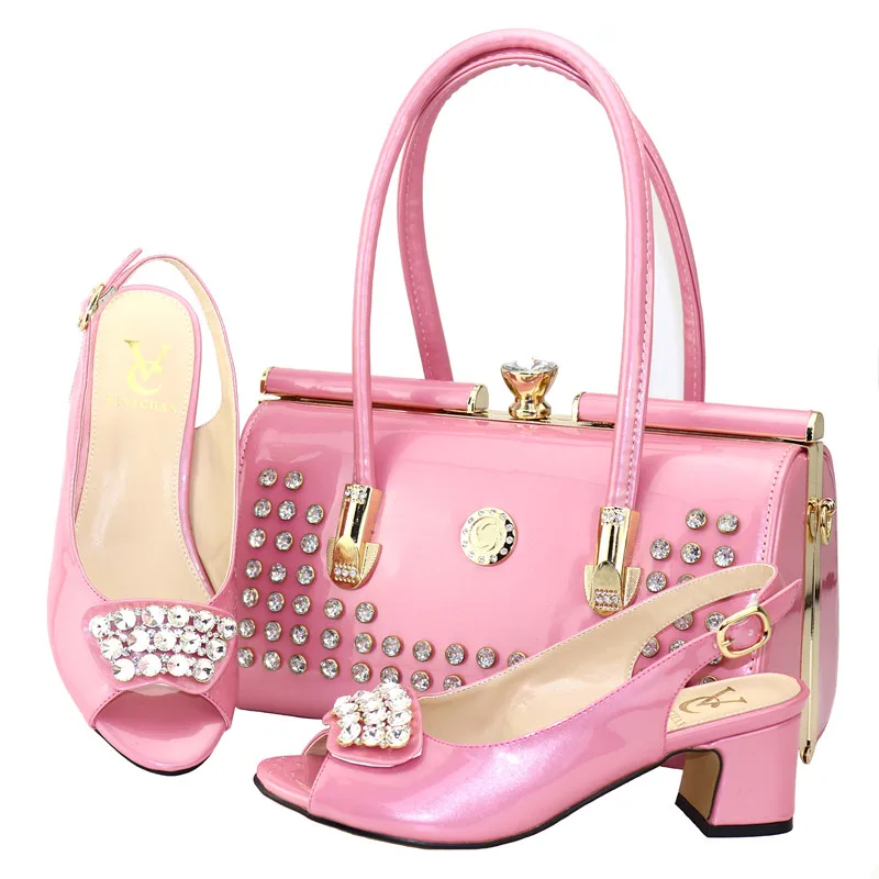 2019 Newest Pink Italian Shoes with Matching Bag for Wedding Italy Woman Italian Shoes and Bag Set African Women Shoes and Bag