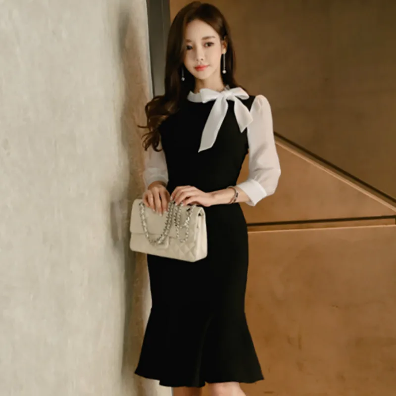 

2019 Autumn Bowknot Chiffon Patchwork Knee-Length Bodycon Fishtail Cloth Women Sexy Sheath Party Dress