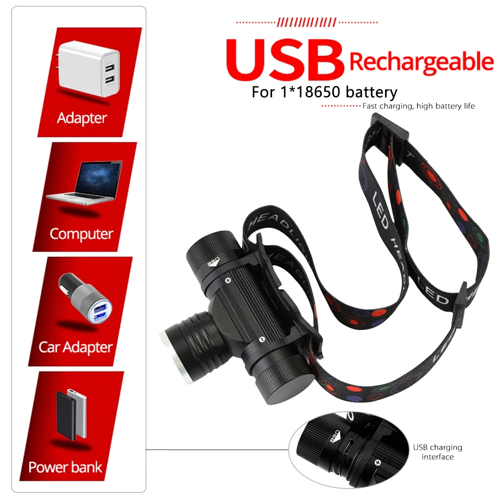 Налобный фонарь T6 светодиодный супер яркий 3 лм зарядка USB 18650|Налобные LED-фонари| |