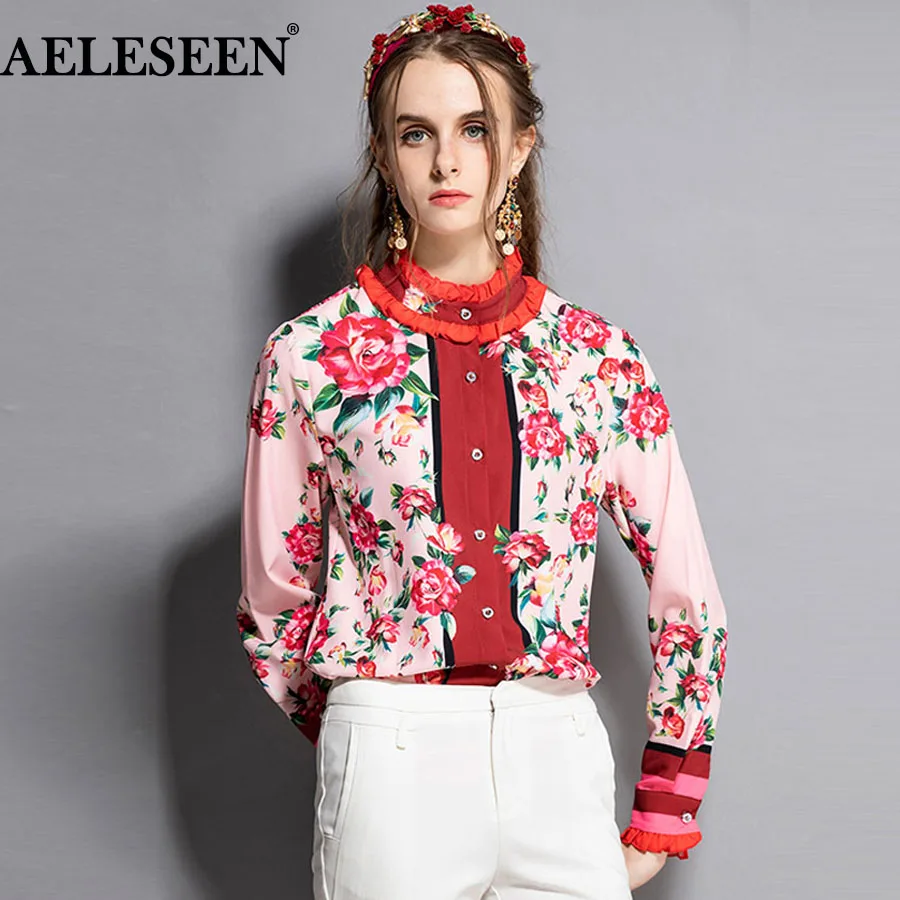 

AELESEEN Fashion Women Shirts 2018 Summer New Luxury Pink Full Sleeve Sweet Shirt Flower Printed Ruffled Collar Luxury Blouses