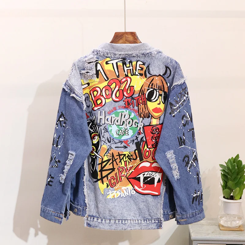 Denim Blue 2019 Automne Veste À De Imprimer Jeans Hop Manches Manteau Lâche Longues Printemps Femmes Graffiti Streetwear Mode Hip rCoWBdxQe