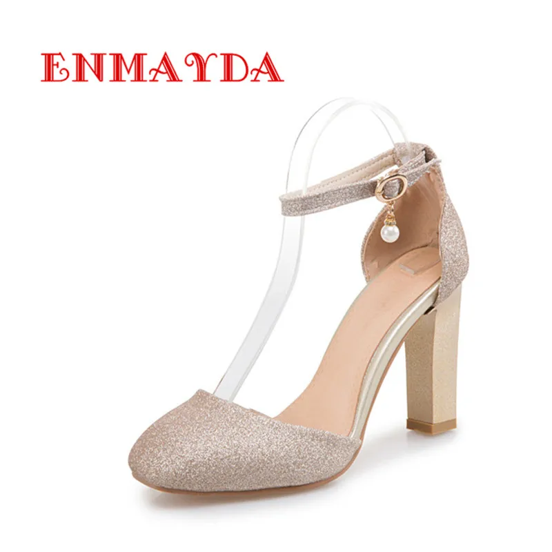 ФОТО ENMAYDA Basic Round Toe Buckle Strap Square Heels Sandals Super High Heels Open Side Lovely Wedding Shoes Woman Shoes Size 34-45