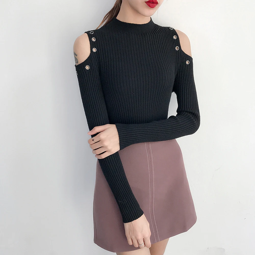 New 2018 Fashion Women Off Shoulder Long Sleeve Knitted Sweater Solid Skinny Slim Sweater High Stretch Pullover Casual Tops Sweaters