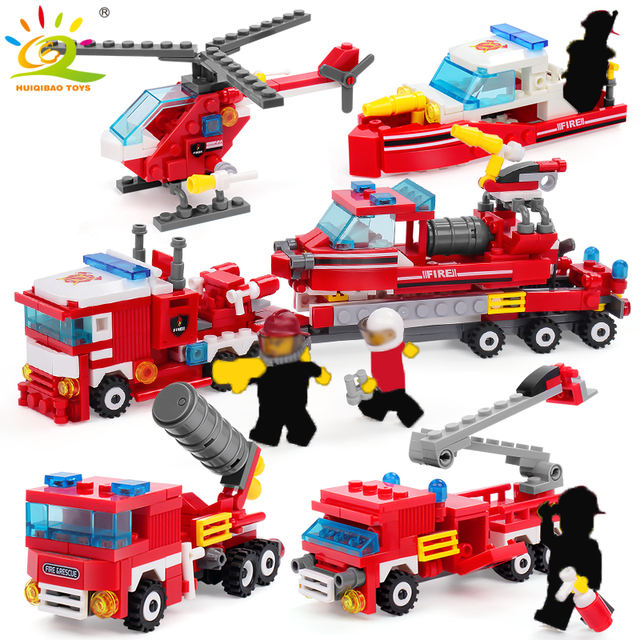 348pcs Fire Fighting 4in1 Trucks Car Helicopter Boat Building Blocks Compatible city Firefighter figures children Toys