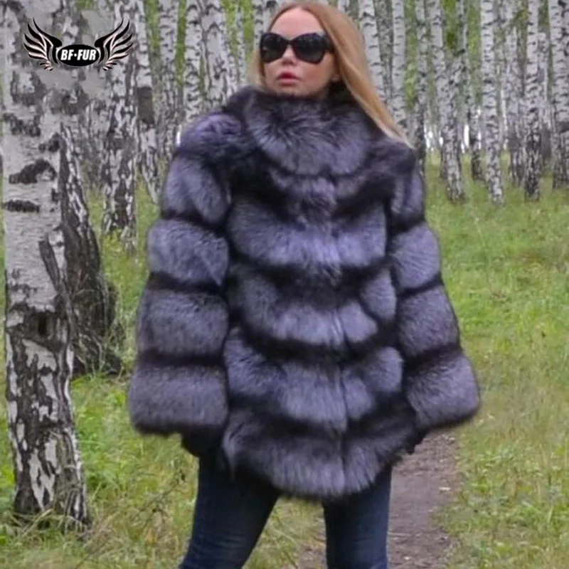 

BFFUR Top Grade Real Fox Fur Coat Thick Warm Fur Whole Skin Robe Femme Hiver 2018 Plus Size Winter Women's Park With Natural Fur
