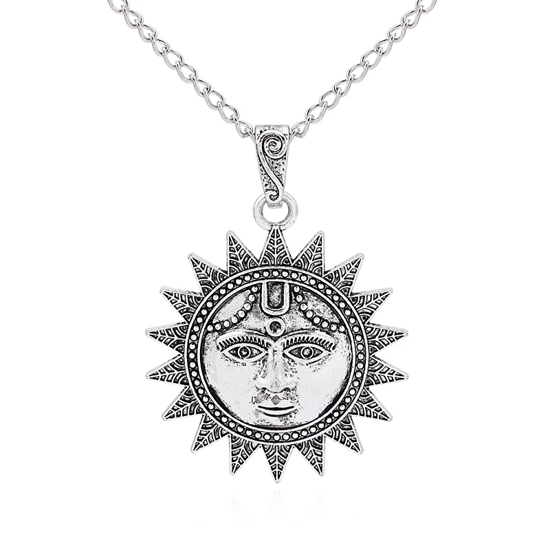 1pcs Fashion Antique Silver Tone Large Charm Sun Face Pendants Neckalce